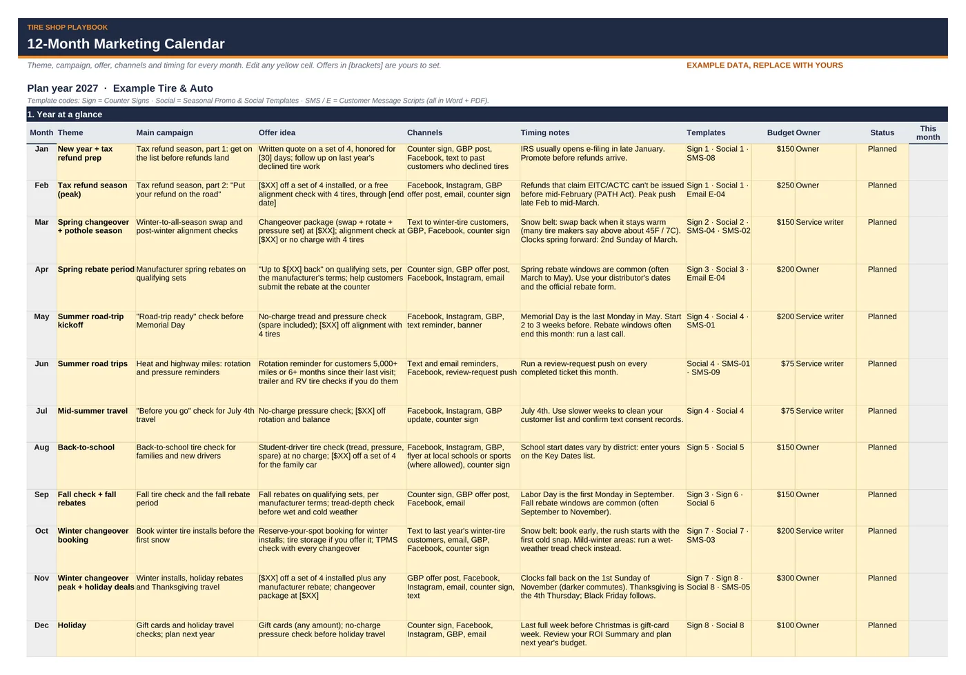 Marketing Calendar tab with example data.