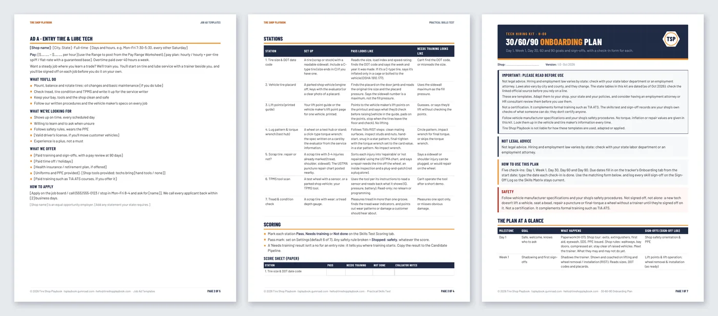 Pages from the job ad templates, the practical skills test and the 30/60/90 plan.