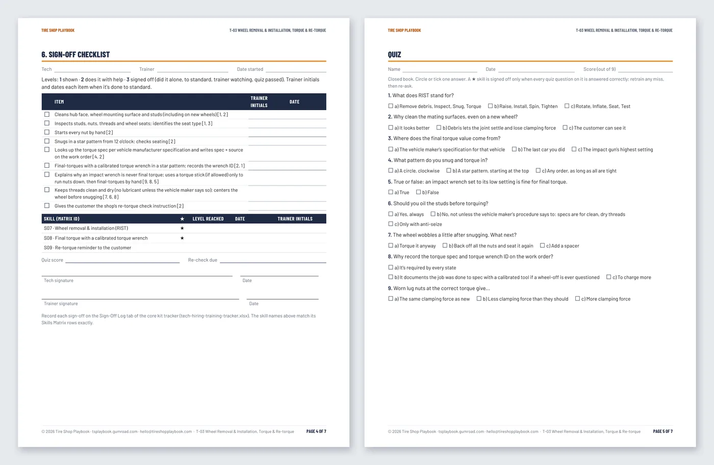 A module's sign-off checklist and quiz.