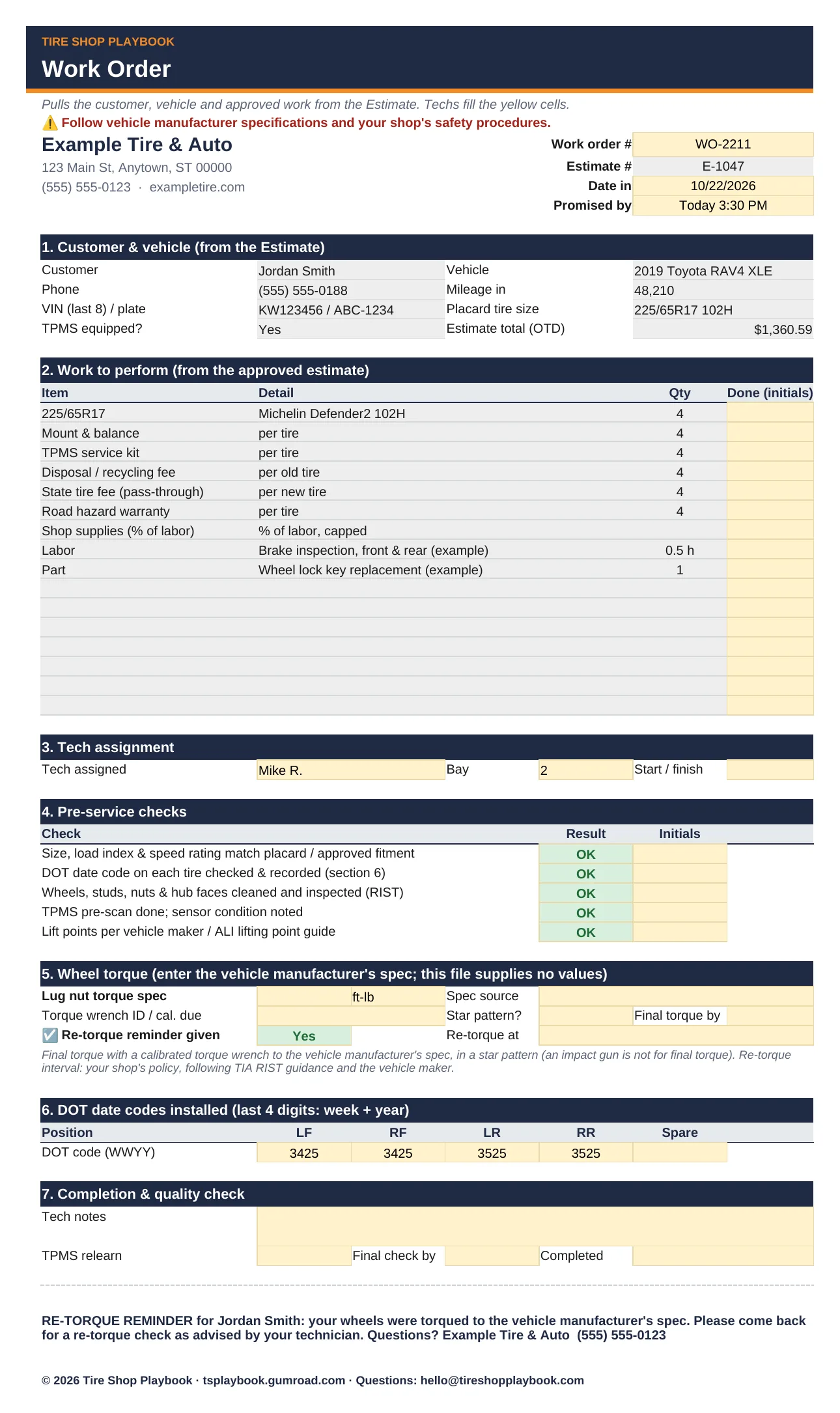 Work Order bay copy with example data.